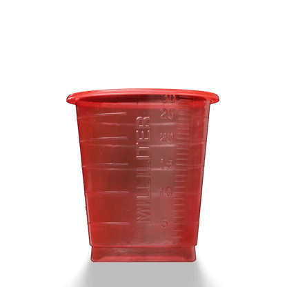 Depicted is a MED COMFORT ECO disposable medical cup 30 ml graduated by AMPri Handelsgesellschaft mbH made of red plastic with 5-30 ml milliliter markings on a plain white background.