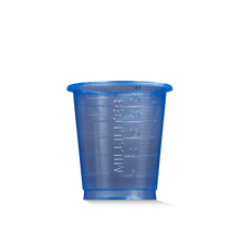 The MED COMFORT BASIC disposable medical cup by AMPri Handelsgesellschaft mbH is a small, blue, graduated 30 ml plastic cup for medical use, depicted on a plain white background.