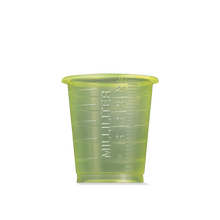 A translucent yellow MED COMFORT BASIC disposable medical cup by AMPri Handelsgesellschaft mbH, with a 30 ml capacity, featuring graduation marks for medical use, depicted on a plain white background.