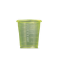 A translucent yellow MED COMFORT BASIC disposable medical cup by AMPri Handelsgesellschaft mbH, with a 30 ml capacity, featuring graduation marks for medical use, depicted on a plain white background.