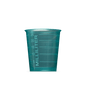 A translucent green MED COMFORT BASIC disposable medical cup by AMPri Handelsgesellschaft mbH, 30 ml, with milliliter graduations, stands on a plain white background - perfect for medical use.