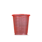 A translucent red MED COMFORT BASIC disposable medical cup, 30 ml, graduated by AMPri Handelsgesellschaft mbH for medical use, with a 30 ml marking, shown against a plain white background.