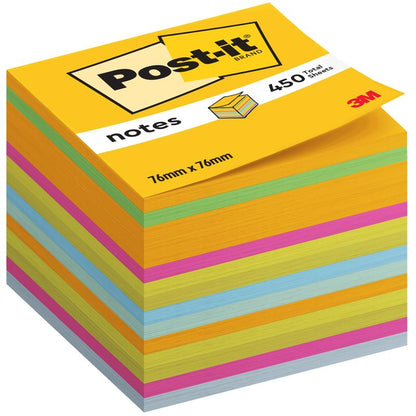 The 3M Deutschland GmbH Post-it® Notes Cube in Ultra Colors (76 mm x 76 mm, 450 sheets/block) brings vibrant color to the desk as a practical notepad - 100% PEFC certified, SGSCH-PEFC-COC-110078.