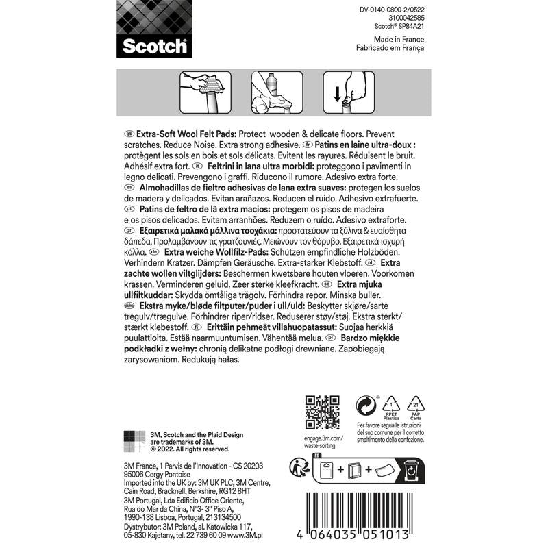 A label for Scotch® Extra Soft Felt Pads, self-adhesive, beige from 3M Deutschland GmbH with multilingual text, icons with usage instructions and features, as well as a barcode and company contact information at the bottom.
