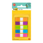 A yellow pack of Post-it® Index Tabs, Mini (11.9 mm x 43.2 mm), from 3M Deutschland GmbH, contains 100 flags in five colors - orange, pink, purple, blue, and green - each with a white stripe in the middle.