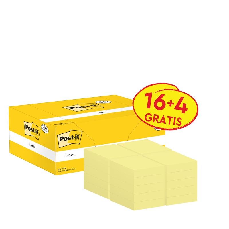 A yellow promotion pack of Post-it® notes (3M Deutschland GmbH), 38x51mm, 100 sheets/block, contains 16 blocks plus 4 free (16+4 FREE). Contains the iconic Post-it logo; notes are PEFC certified (SGSCH-PEFC-COC-110078).