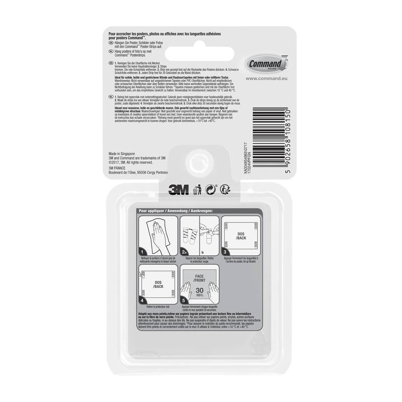 On the back of the Command™ Poster Strips in the advantage pack, 17024-VP from 3M Deutschland GmbH, there are instructions in French, Dutch, and German, a barcode, the logos of 3M and Command, as well as illustrated steps for mounting without drilling.