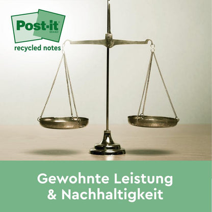 A brass scale stands on a beige surface, above it is a green "Post-it® Recycling Notes" logo. Below is the text: "Usual performance & sustainability" in green. Product: 38x51mm, 100 sheets/block, 100% PEFC from 3M Deutschland GmbH.