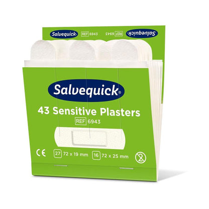 An open green-white box from Orkla Wound Care AB Sensitive Plasters, 43 pcs./Refill (fleece) | Pack (6 pieces), shows individually packaged plasters inside with size, quantity, and product information for sensitive skin.