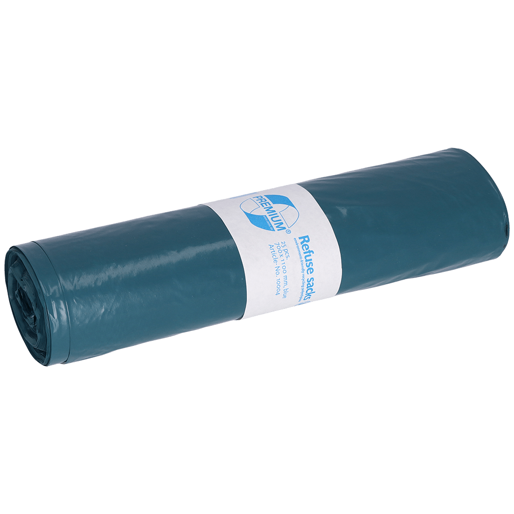 A roll of blue DEISS 10004 garbage bags, Type 60 (700x1100 mm, 25 pieces) from EMIL DEISS KG (GmbH + Co.), with a white label featuring product information and simple graphics, depicted on a plain white background.