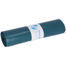A roll of blue DEISS 10004 garbage bags, Type 60 (700x1100 mm, 25 pieces) from EMIL DEISS KG (GmbH + Co.), with a white label featuring product information and simple graphics, depicted on a plain white background.