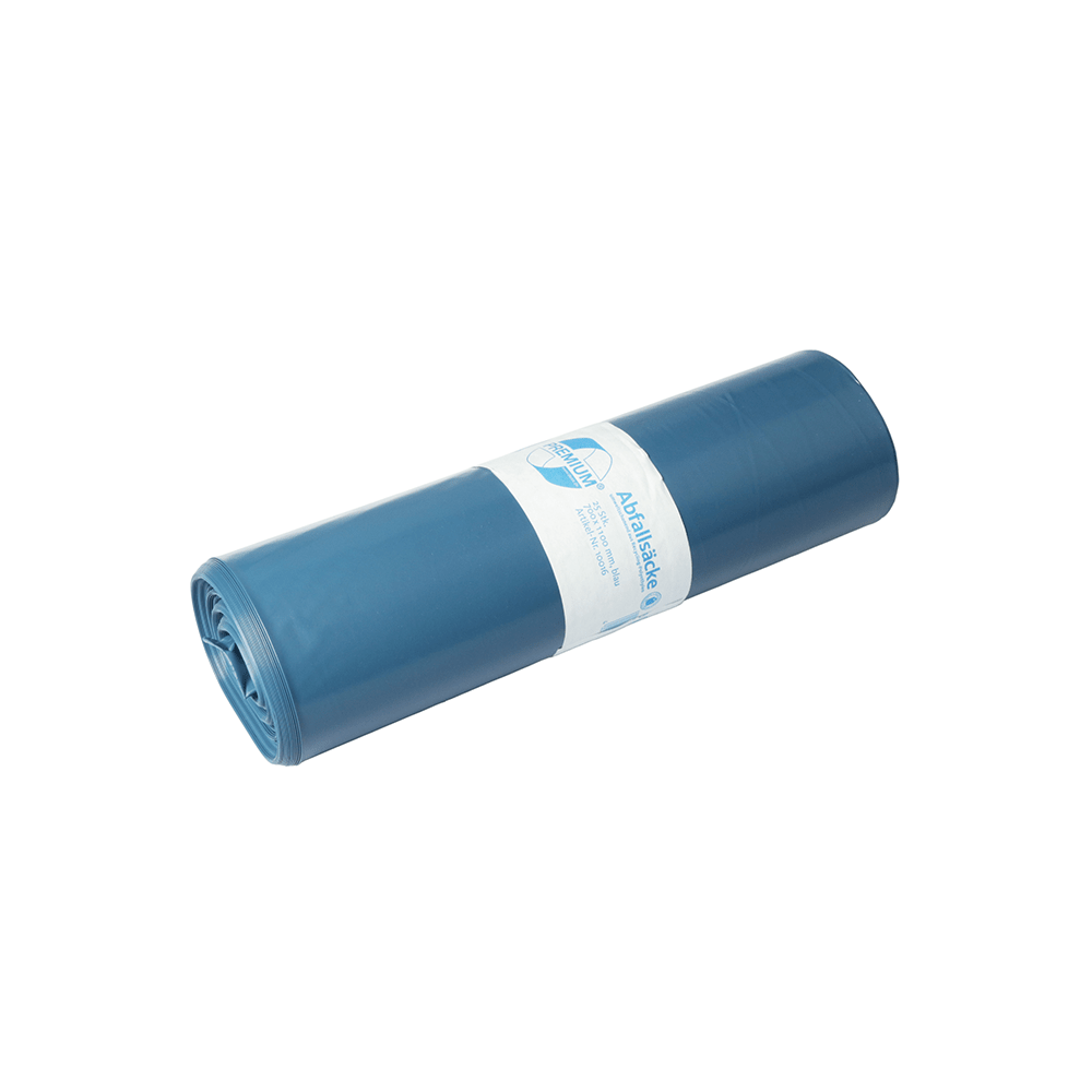 A roll of DEISS 10016 garbage bags (700x1100x0.08 mm, blue, 25 pieces) from EMIL DEISS KG (GmbH + Co.), packaged with a white label with blue graphics - ideal for commercial waste disposal and depicted on a white background.