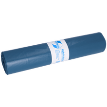 A rolled-up DEISS 10022 garbage bag roll (20 pieces, 860x1100x0.06 mm, blue) from EMIL DEISS KG (GmbH + Co.) with a white-blue label in the middle for professional use against a light background.