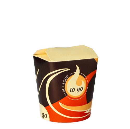 A closed, empty Starpak 50 snack boxes "To Go" square (550 ml) by Starpak, in brown, red, and yellow with "HOT FOOD To Go" on the front, is depicted against a plain white background.