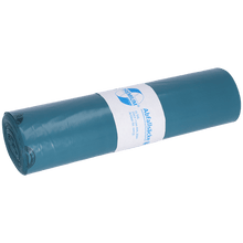 Pictured is a roll of EMIL DEISS KG (GmbH + Co.) DEISS 10035 garbage bags, blue, 700x1100x0.06 mm, 25 pieces per roll, with a white label with text and logo on a white background.