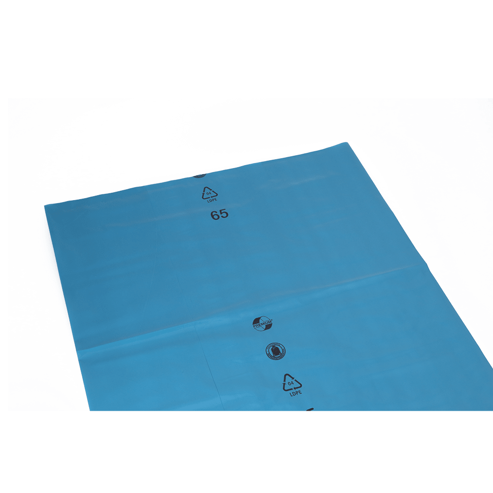 The blue DEISS 10045 garbage bags (680+420x1620x0.08 mm, 100 pieces) from EMIL DEISS KG are made of LDPE with a recycling symbol and the number 65 - professional, reliable, and available in practical cardboard packaging.