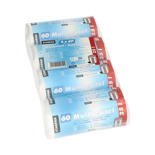 Four rolls of Starpak 240 garbage bags, HDPE 25 l (52 x 50 cm), each with 60 transparent bags, are delivered in a clear plastic packaging with blue and red German labels – ideal for hygienic waste disposal.