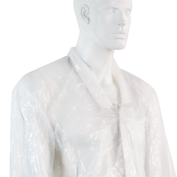 Disposable protective gown with sleeves, PE, white, width 80 cm
