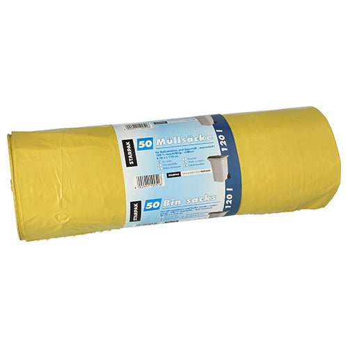 A roll of Starpak 50 garbage bags, LDPE 120l (110x70cm), consists of a yellow bag with a blue-white, multilingual label indicating the quantity of 50 pieces and images of containers. Made from sturdy LDPE film.