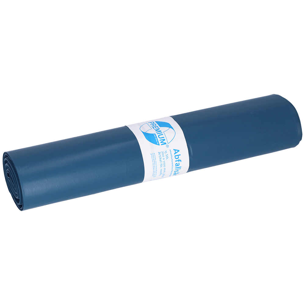 A rolled-up DEISS PREMIUM garbage bag 120 liters blue from EMIL DEISS KG (GmbH + Co.), 1,126 g/roll, type 100, is equipped with a white label with text and graphics. Each roll contains 15 bags.