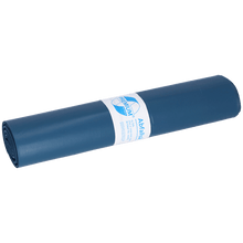 A rolled-up DEISS PREMIUM garbage bag 120 liters blue from EMIL DEISS KG (GmbH + Co.), 1,126 g/roll, type 100, is equipped with a white label with text and graphics. Each roll contains 15 bags.