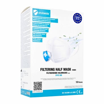 A box of Mask Authority sp. z o.o. Virshields FFP2 Mask VS005, 5-layer | 1 piece, shows a white mask image with protection symbols and multilingual highlighting of features; each box contains 10 pieces.