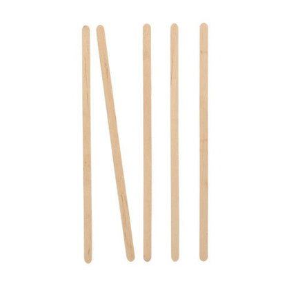 Five PAPSTAR "pure" stirring sticks from PAPSTAR GmbH made of light birch wood stand upright on a white background, the second from the left is tilted diagonally, the others are vertical and splinter-free.