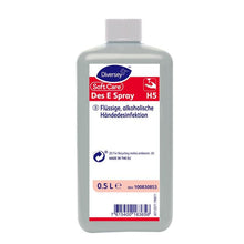 A 0.5-liter bottle of Soft Care Des E Spray H5 hand sanitizer from Diversey Deutschland GmbH & Co. OHG, in a practical spray form, labeled in German with a gray body, white cap, and product/recycling information on the front.