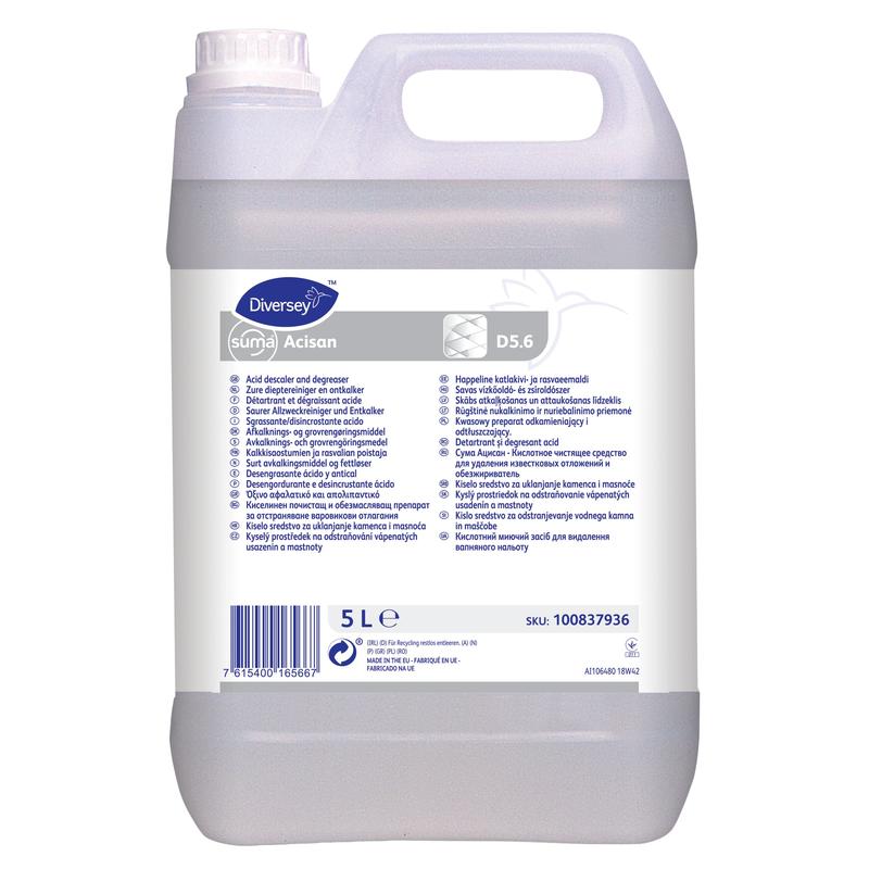 A 5-liter canister of Suma Acisan D5.6 from Diversey Deutschland GmbH & Co. OHG, an acidic base cleaner and descaler with a handle and screw cap. The white label contains instructions, ingredients, and safety information in multiple languages.