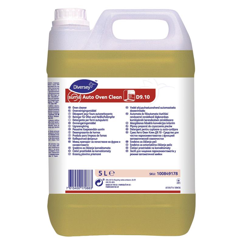 Suma Auto Oven Clean D9.10 by Diversey Deutschland GmbH & Co. OHG: 5l plastic canister with handle, highly alkaline cleaner for automatic convection oven cleaning; multilingual label; yellow liquid for stubborn dirt.