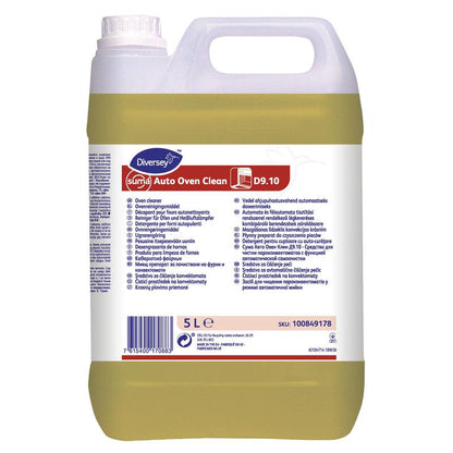 Suma Auto Oven Clean D9.10 by Diversey Deutschland GmbH & Co. OHG: 5l plastic canister with handle, highly alkaline cleaner for automatic convection oven cleaning; multilingual label; yellow liquid for stubborn dirt.