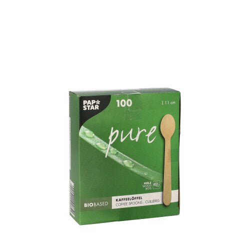 A green box with the inscription "PAPSTAR wooden coffee spoon 'pure', 11 cm | folding box (100 pieces)" from PAPSTAR GmbH contains 100 biodegradable wooden coffee spoons (11 cm) as well as the image of a wooden spoon and a leaf with water droplets.