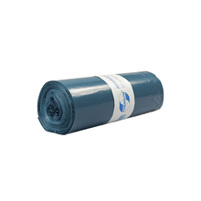 A roll of blue DEISS 10086 garbage bags (10 pieces, 650+550x1350 mm, type 80) from EMIL DEISS KG (GmbH + Co.) lies on a white background, secured with a white label - perfect for convenient waste disposal.