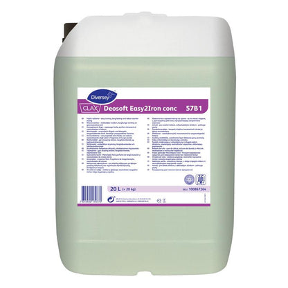 A transparent 20-liter container with Diversey Clax Deosoft Easy2Iron Conc 57B1 fabric softener with ironing-friendly properties, ideal for professional laundries, with a white screw cap and labeled tag.