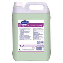 A 5-liter plastic container with Clax Deosoft Easy2Iron Conc 57B1 fabric softener with ironing-friendly properties from Diversey Deutschland GmbH & Co. OHG, with a white lid, light green liquid, and a label with details, instructions, and barcode.