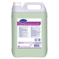 A 5-liter plastic container with Clax Deosoft Easy2Iron Conc 57B1 fabric softener with ironing-friendly properties from Diversey Deutschland GmbH & Co. OHG, with a white lid, light green liquid, and a label with details, instructions, and barcode.