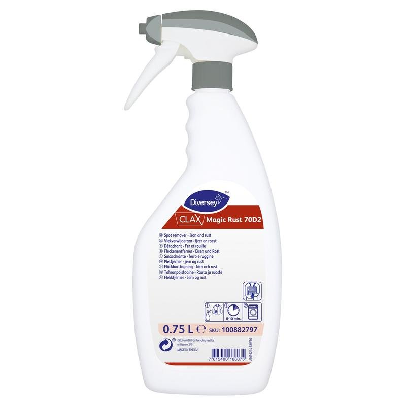 The 750 ml white Clax Magic Rust stain remover for iron and rust stains from Diversey Germany features a gray cap and a multilingual label with product and application instructions for effective stain removal.