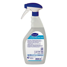 A 750 ml white spray bottle of Clax Magic Multi stain remover from Diversey Deutschland GmbH & Co. OHG, with a blue/white trigger and blue label, for removing makeup, ink, and curry stains.