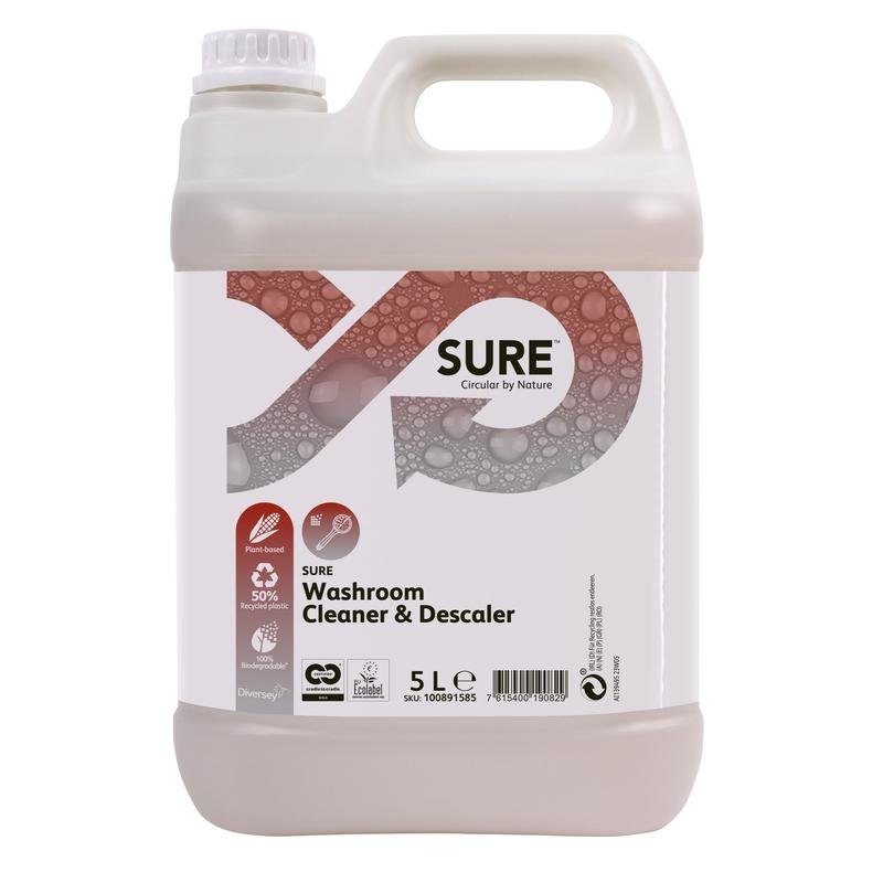 A white 5-liter plastic container with a screw cap and handle, labeled "SURE Washroom Cleaner & Descaler sanitary cleaner and descaler" from Diversey Deutschland GmbH & Co. OHG, with a bubble pattern and English text; ideal for cleaning in sanitary areas.