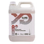 A white 5-liter plastic container with a screw cap and handle, labeled "SURE Washroom Cleaner & Descaler sanitary cleaner and descaler" from Diversey Deutschland GmbH & Co. OHG, with a bubble pattern and English text; ideal for cleaning in sanitary areas.