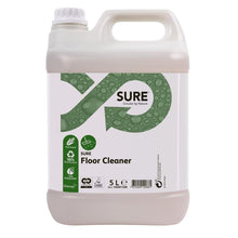 The 5-liter plastic container of SURE Floor Cleaner, floor cleaner from Diversey Deutschland GmbH & Co. OHG has a white body with green design and label details. This biodegradable cleaner is ideal for environmentally conscious floor cleaning.