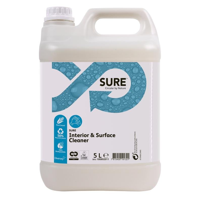 A 5-liter plastic container of SURE Interior & Surface Cleaner, an all-purpose cleaner from Diversey Deutschland GmbH & Co. OHG, with a carrying handle and screw cap; the label shows the brand name, a blue design, and symbols for plant-based, biodegradable ingredients.