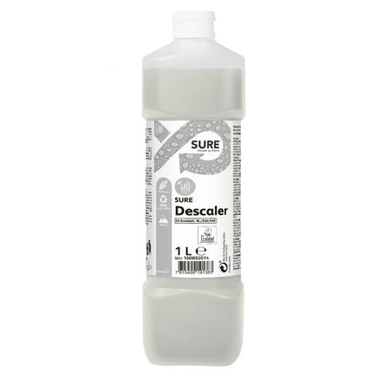 A 1-liter plastic bottle of SURE Descaler, descaler from Diversey Deutschland GmbH & Co. OHG, features a white cap and a predominantly white label with gray accents, product information, and eco-friendly symbols – ideal for professional cleaning requirements.