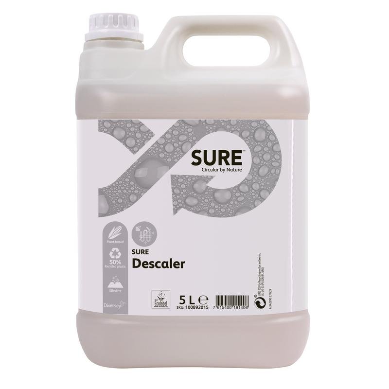A white 5-liter plastic container with SURE Descaler, descaler from Diversey Deutschland GmbH & Co. OHG, with a screw cap, bubble design, eco-friendly label, and suitable for professional cleaning requirements on the front.