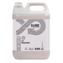 A white 5-liter plastic container with SURE Descaler, descaler from Diversey Deutschland GmbH & Co. OHG, with a screw cap, bubble design, eco-friendly label, and suitable for professional cleaning requirements on the front.
