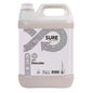 A white 5-liter plastic container with SURE Descaler, descaler from Diversey Deutschland GmbH & Co. OHG, with a screw cap, bubble design, eco-friendly label, and suitable for professional cleaning requirements on the front.