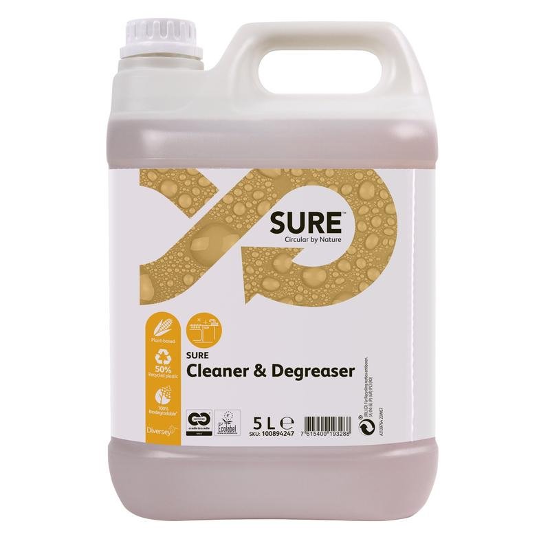 A 5-liter plastic container with SURE Cleaner & Degreaser, degreaser, for water-resistant surfaces from Diversey Deutschland GmbH & Co. OHG, with a white label with golden bubbles, black product information and logo, white screw cap and handle.