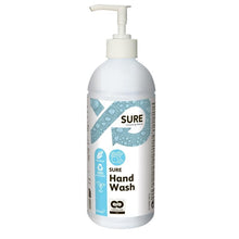 A white plastic pump bottle labeled "SURE Hand Wash, Hand Soap" from Diversey Deutschland GmbH & Co. OHG, with blue-white graphics and eco-symbols, contains environmentally friendly hand soap with natural ingredients and biodegradable cleaning effect.