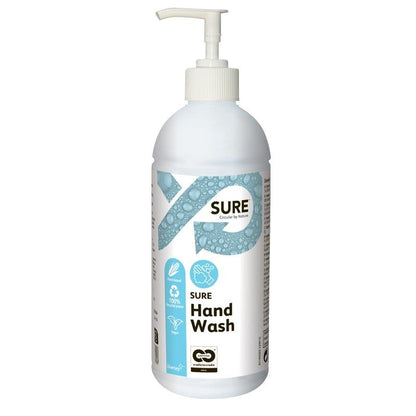 A white plastic pump bottle labeled "SURE Hand Wash, Hand Soap" from Diversey Deutschland GmbH & Co. OHG, with blue-white graphics and eco-symbols, contains environmentally friendly hand soap with natural ingredients and biodegradable cleaning effect.
