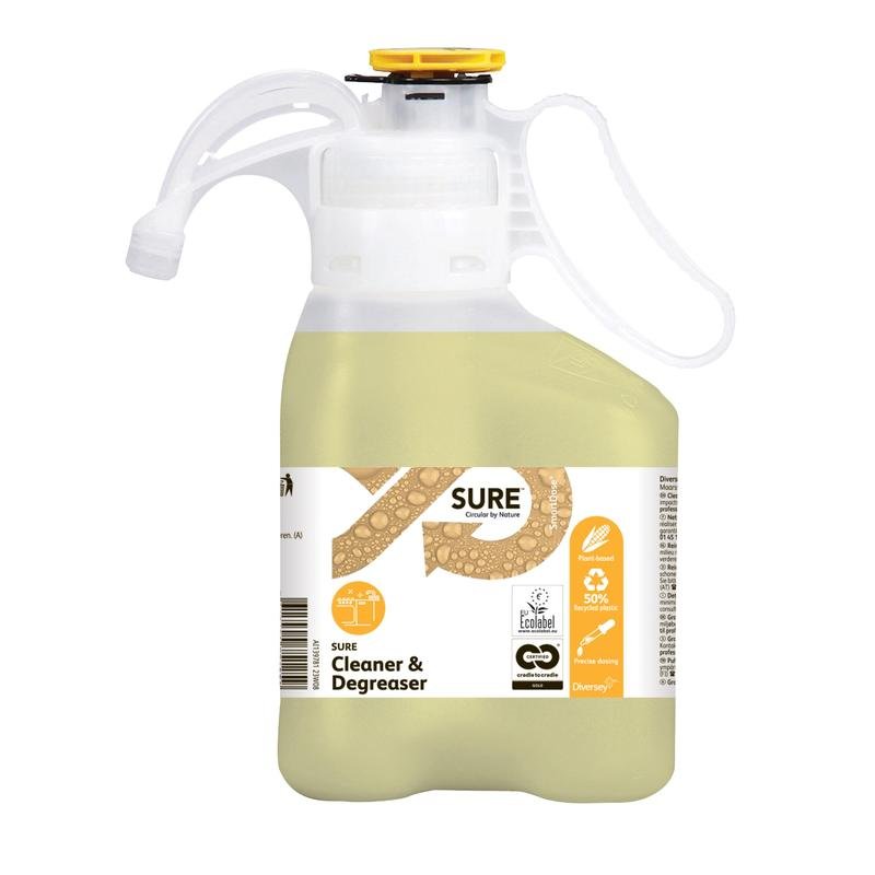 A 1400 ml white and clear plastic container from SURE Cleaner & Degreaser SD by Diversey Deutschland GmbH & Co. OHG, with a yellow lid/handle, features a label with information and recycling symbols; the biodegradable formula is an effective degreaser for water-resistant surfaces.